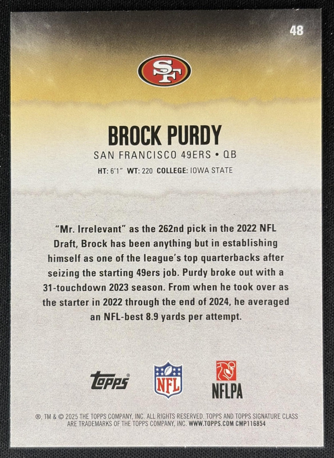 Brock Purdy 2025 Topps Signature Class Veteran Red & Black Foil 49ers back
