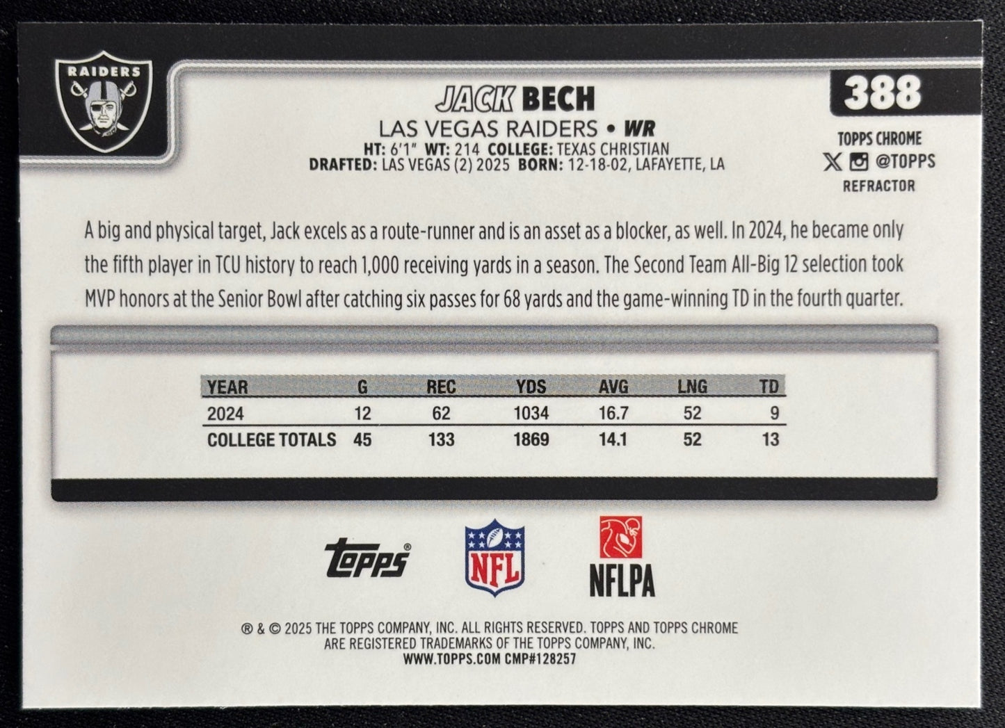 Jack Bech 2025 Topps Chrome Rookie Refractor Raiders Sports Trading Cards