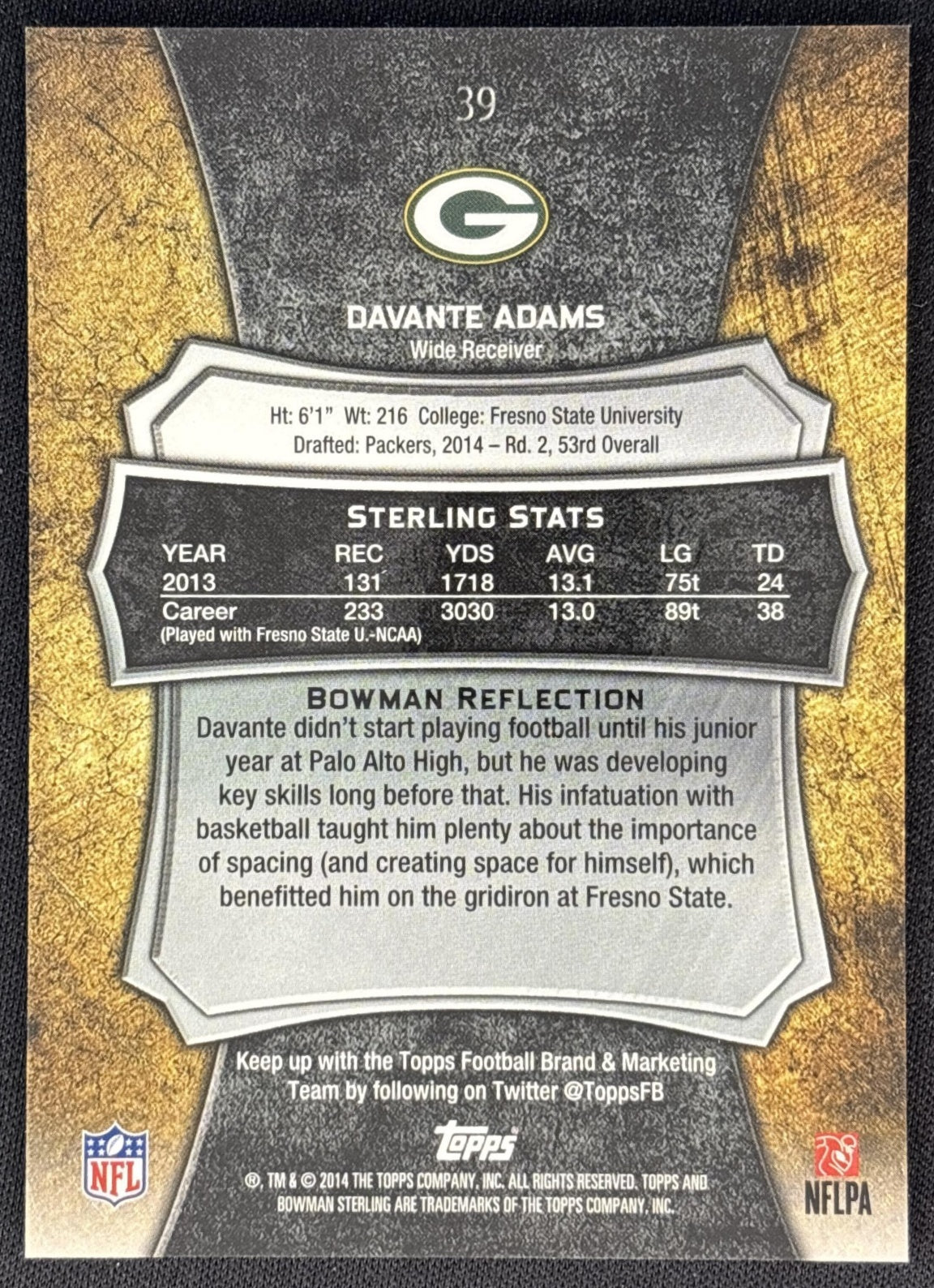 Davante Adams 2014 Bowman Sterling Blue Wave Refractor /25 Packers Sports Trading Cards
