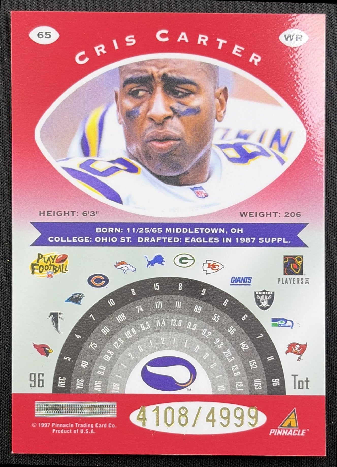 Cris Carter 1997 Pinnacle Totally Certified Platinum Red /4999 Vikings