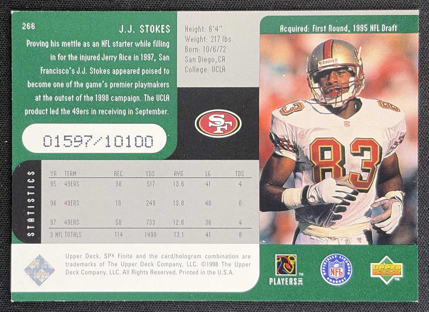 J.J. Stokes 1998 SPx Finite /10100 49ers