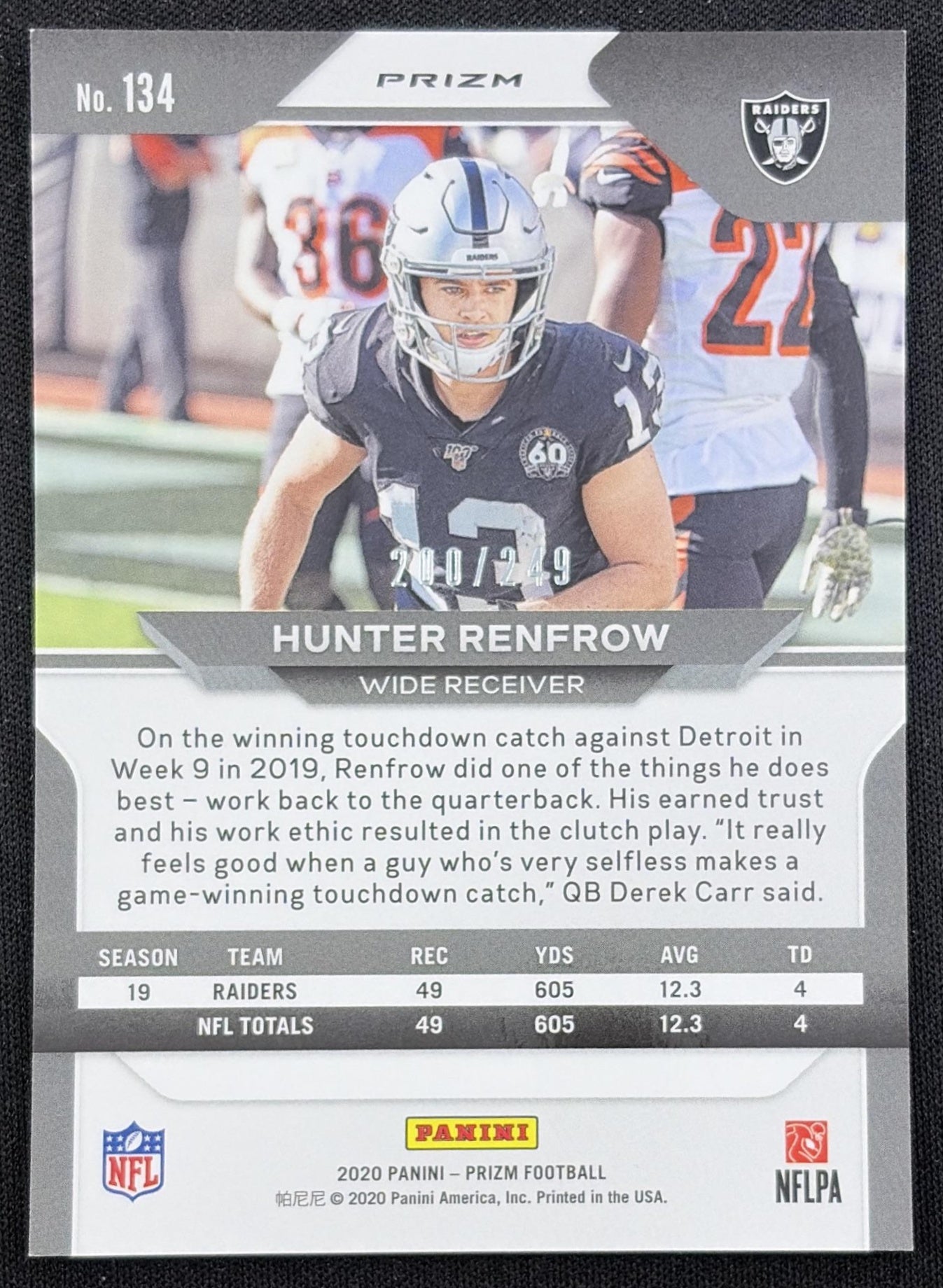 Hunter Renfrow 2020 Panini Prizm Orange /249 Raiders