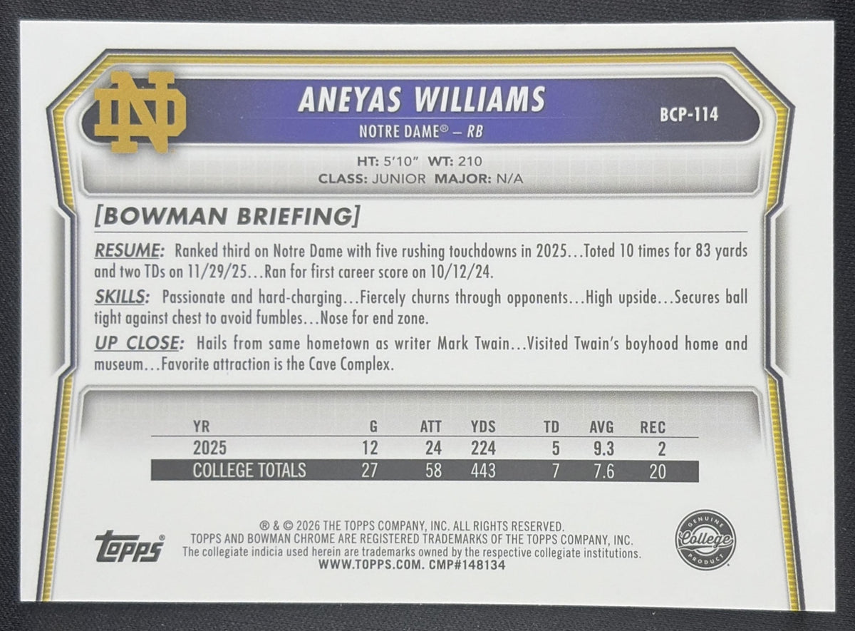 Aneyas Williams 2026 Bowman Chrome Prospects Mojo Refractor Fighting Irish