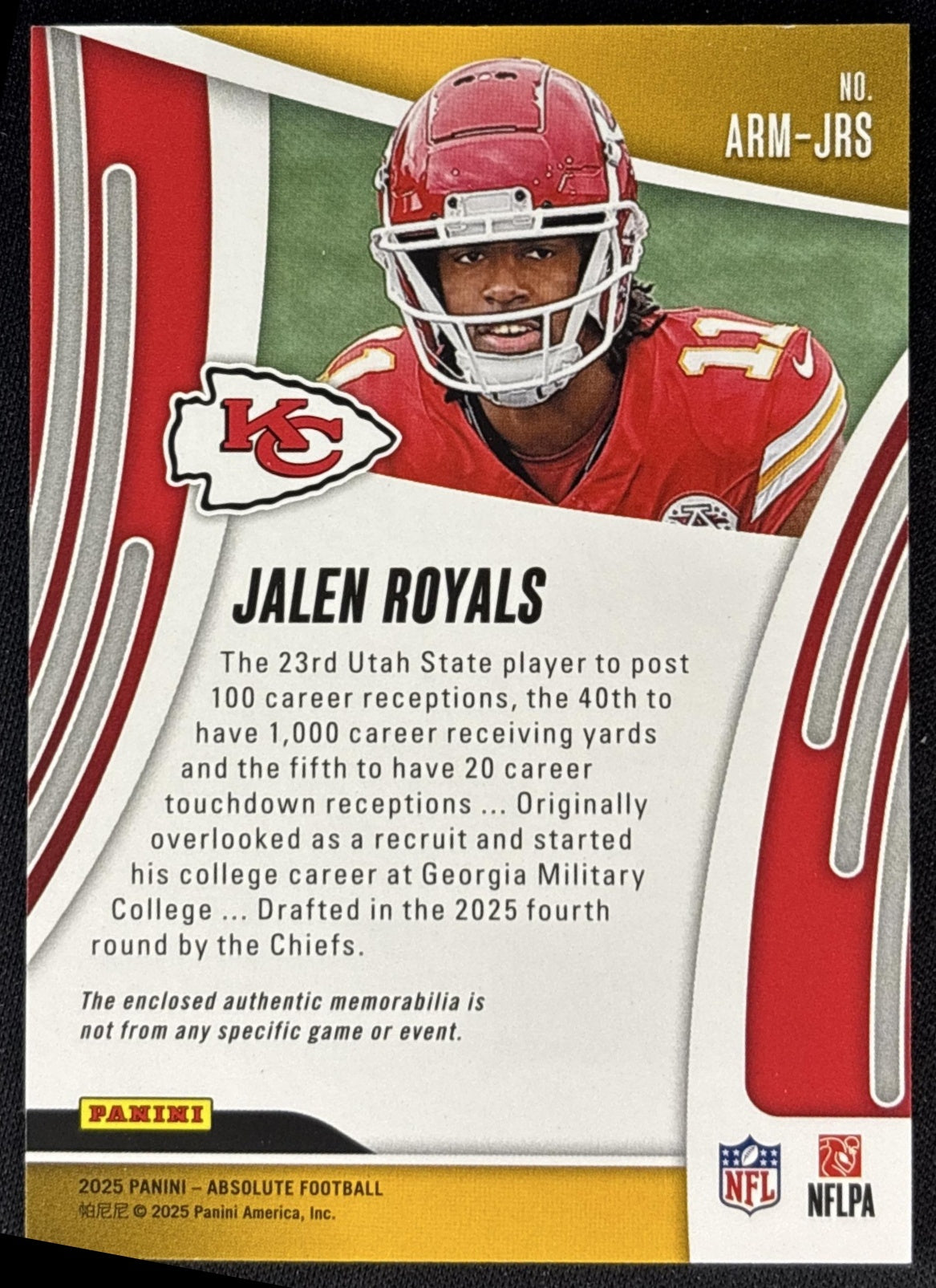 Jalen Royals 2025 Panini Absolute Rookie Materials Chiefs back
