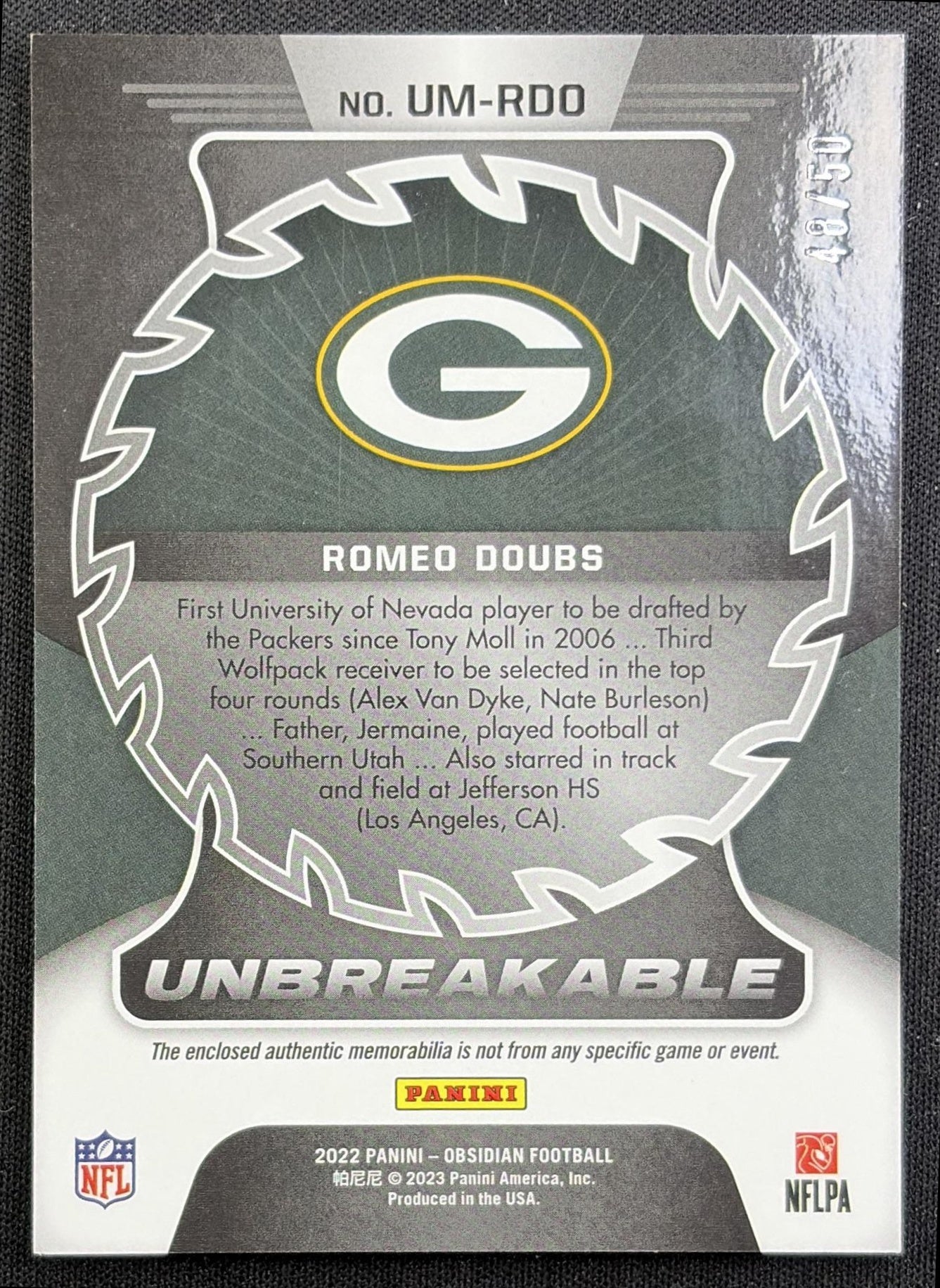 Romeo Doubs 2022 Panini Obsidian Unbreakable Material Electric Etch Green /50 Packers