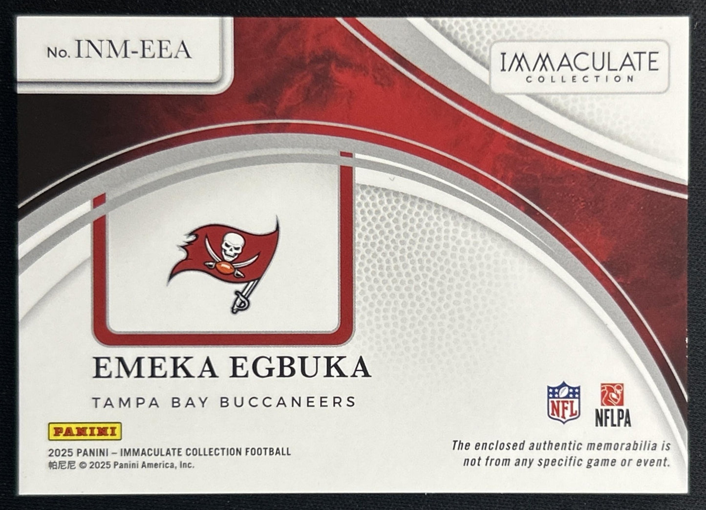 Emeka Egbuka 2025 Panini Immaculate Collection Numbers Memorabilia /9 Buccaneers back
