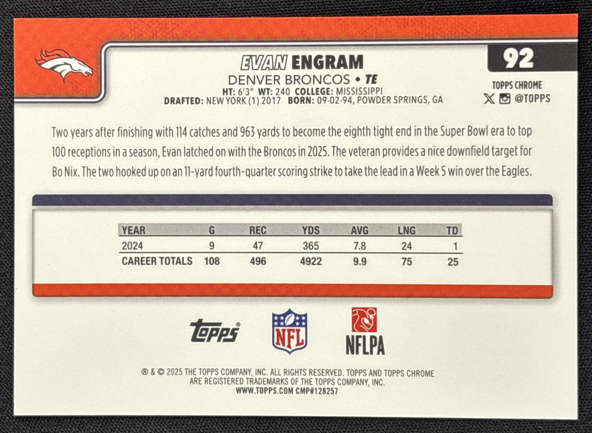 Evan Engram 2025 Topps Chrome Gold Refractor /50 Broncos