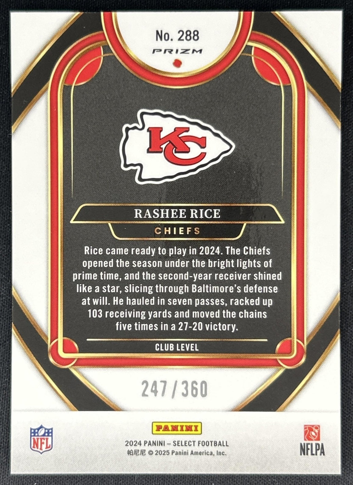 Rashee Rice 2024 Panini Select Club Purple Prizm Shock /360 Chiefs back