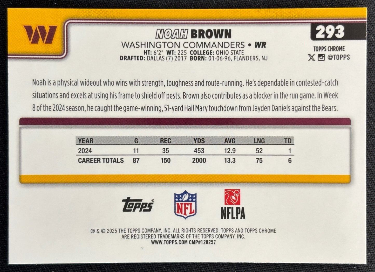 Noah Brown 2025 Topps Chrome Neon Pulse Refractor Commanders Sports Trading Cards