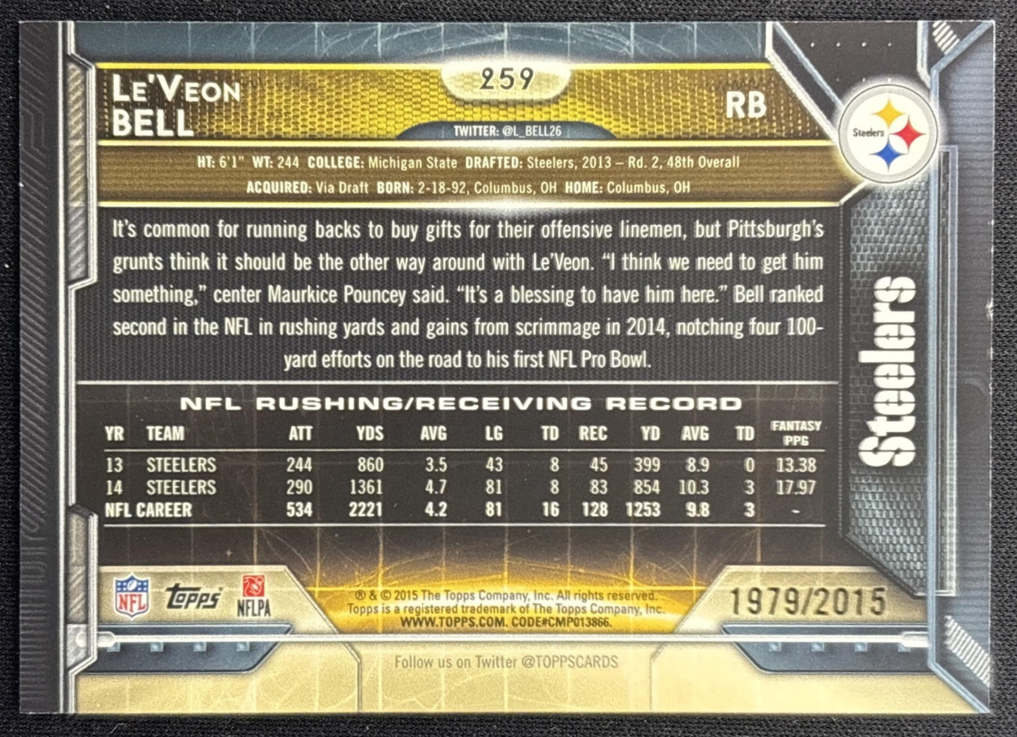 Le Veon Bell 2015 Topps Gold /2015 Steelers back