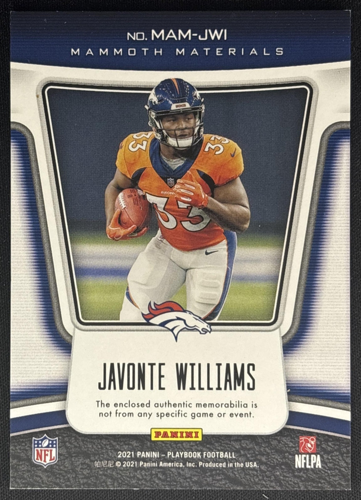 Javonte Williams 2021 Panini Playbook Mammoth Material Gold /99 Broncos back
