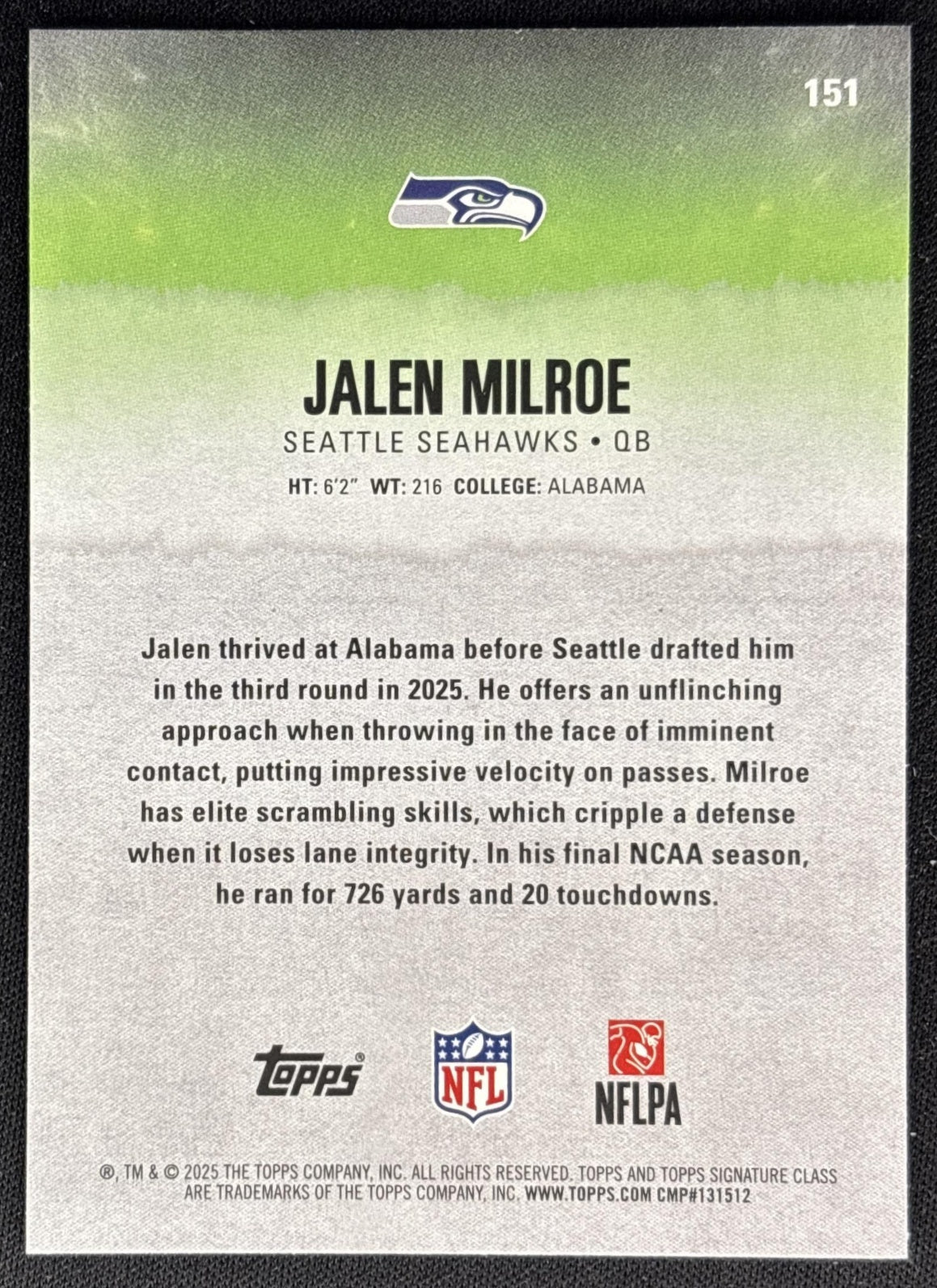 Jalen Milroe 2025 Topps Signature Class Rookie Seahawks back