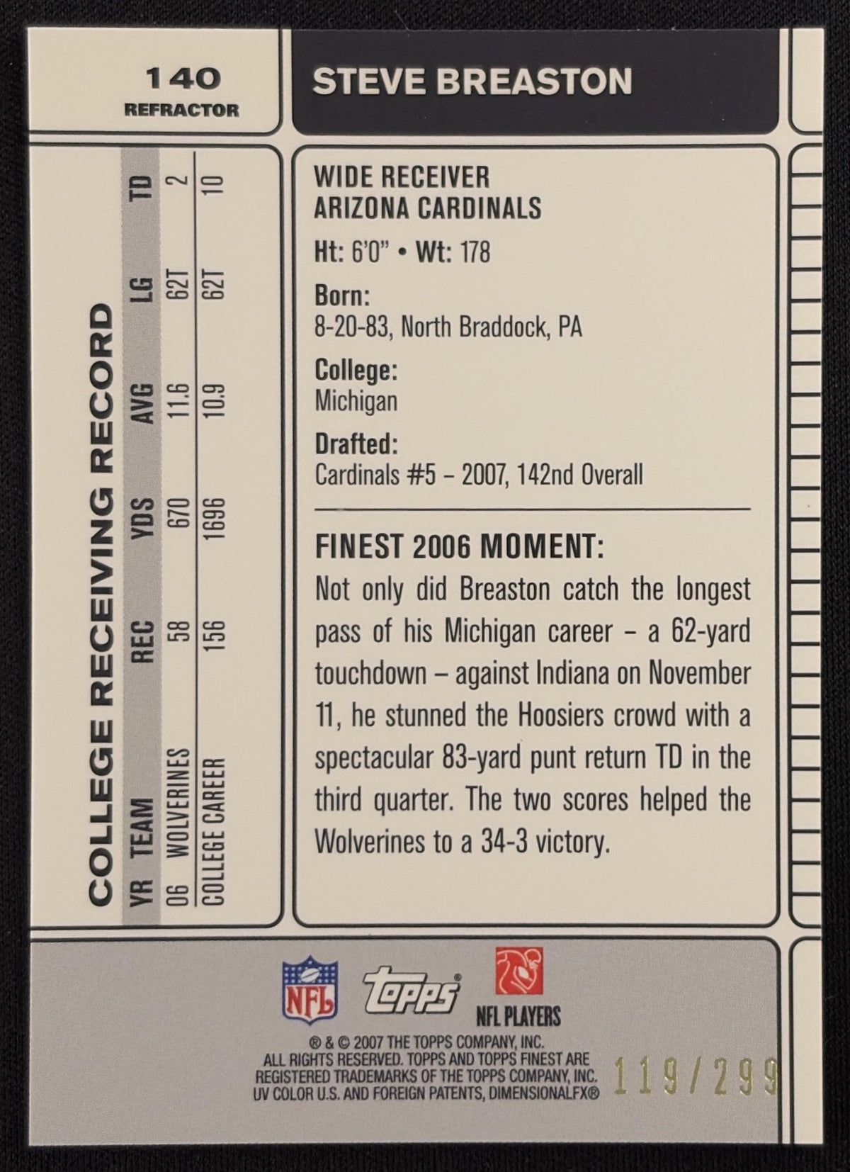 Steve Breaston 2007 Topps Finest Blue Refractor /299 Cardinals