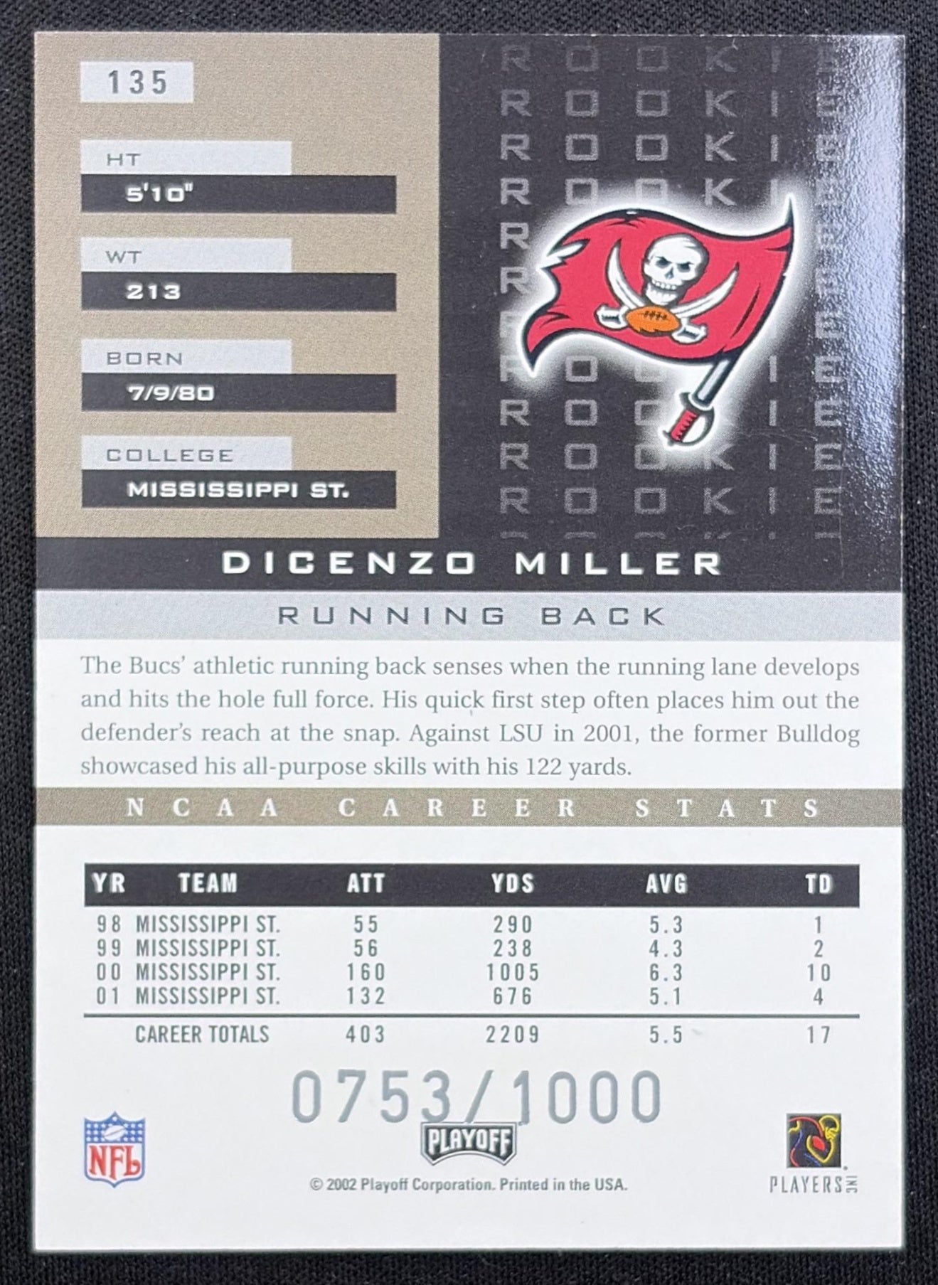 Dicenzo Miller 2002 Playoff Honors /1000 Buccaneers back