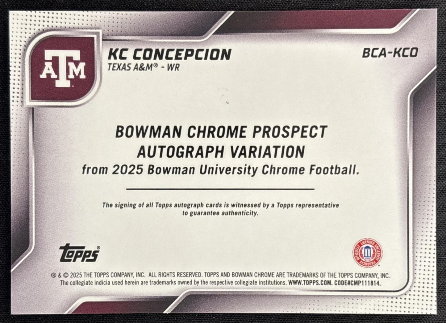 KC Concepcion 2025 Chrome University Prospect Auto Orange Refractor /25 Aggies Sports Trading Card