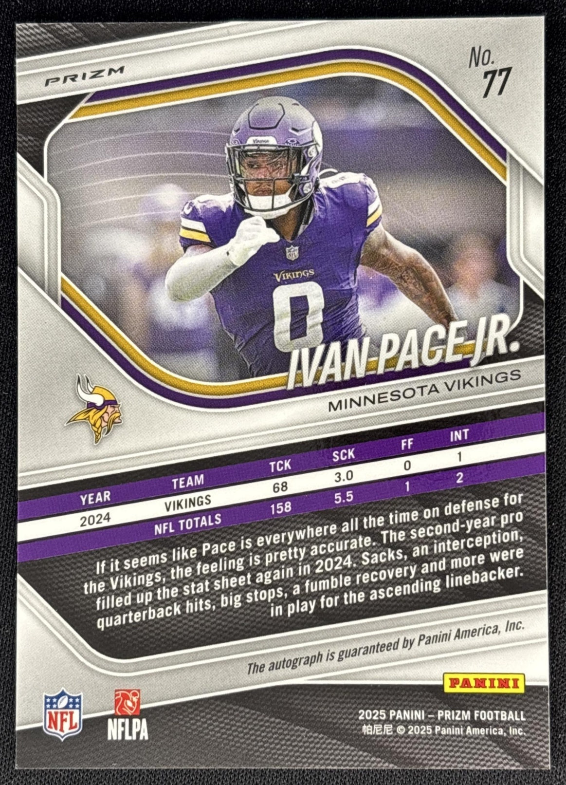 Ivan Pace Jr. 2025 Panini Prizm Auto Silver Vikings