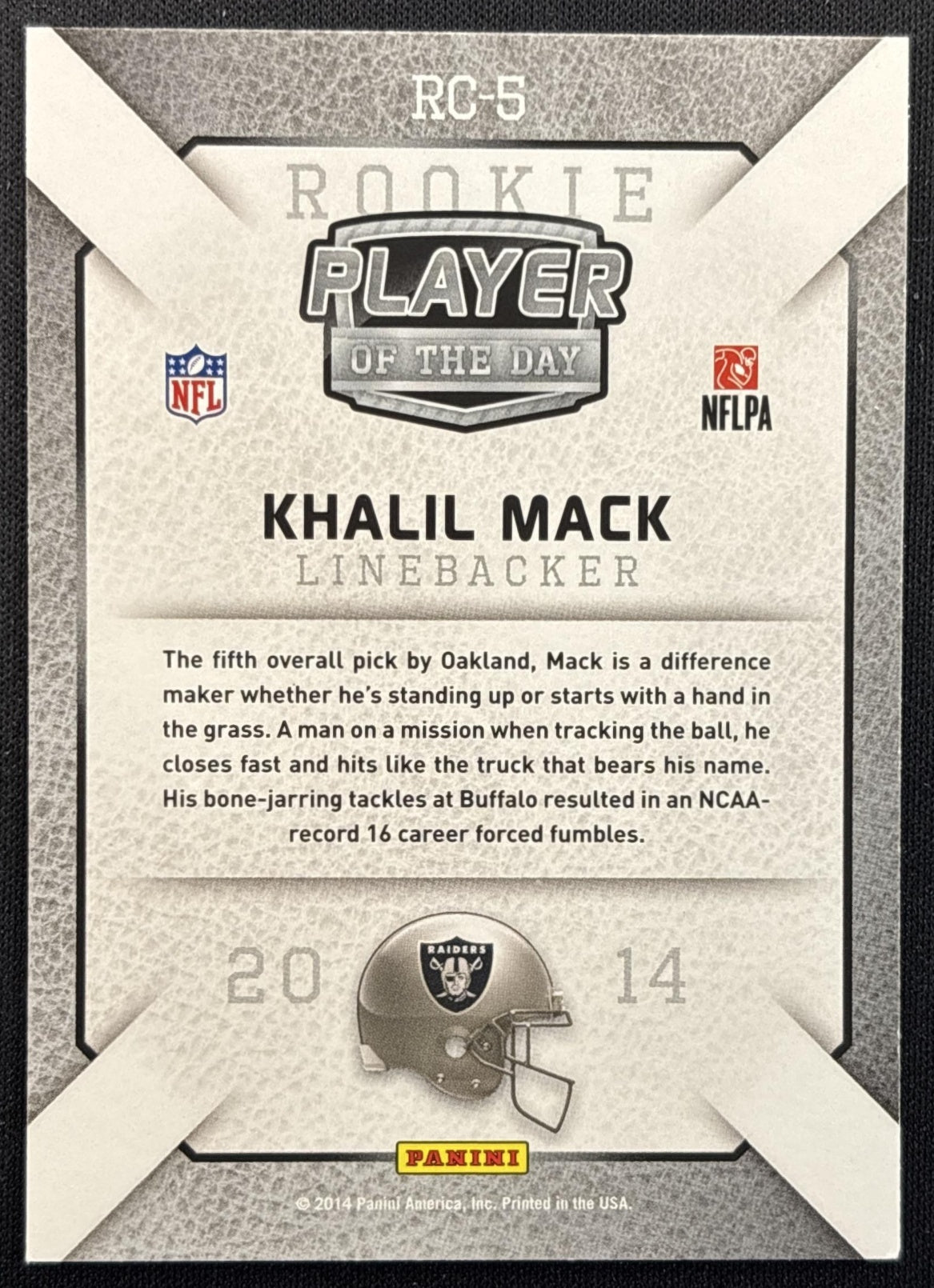 Khalil Mack 2014 Panini Player of the Day Raiders back
