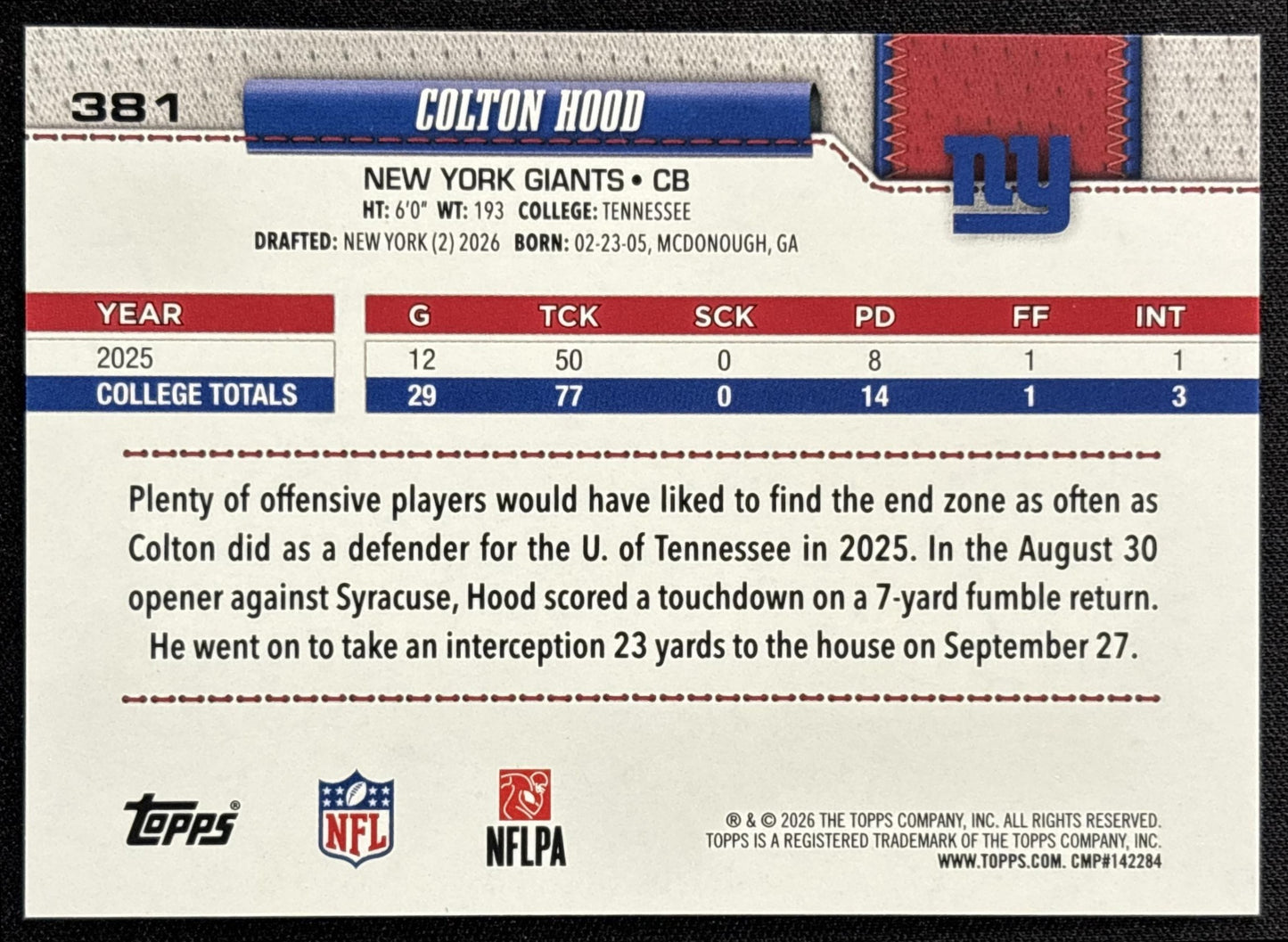 Colton Hood 2026 Topps Football Leather Foil Giants
