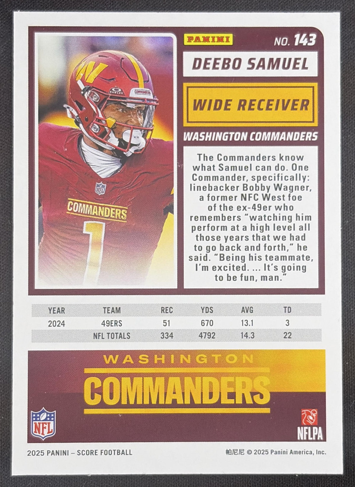 Deebo Samuel 2025 Panini Score Lava /799 Commanders Sports Trading Card