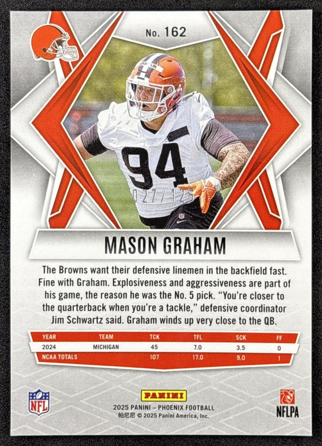 Mason Graham 2025 Panini Phoenix Yellow Lava Prizm /125 Browns back