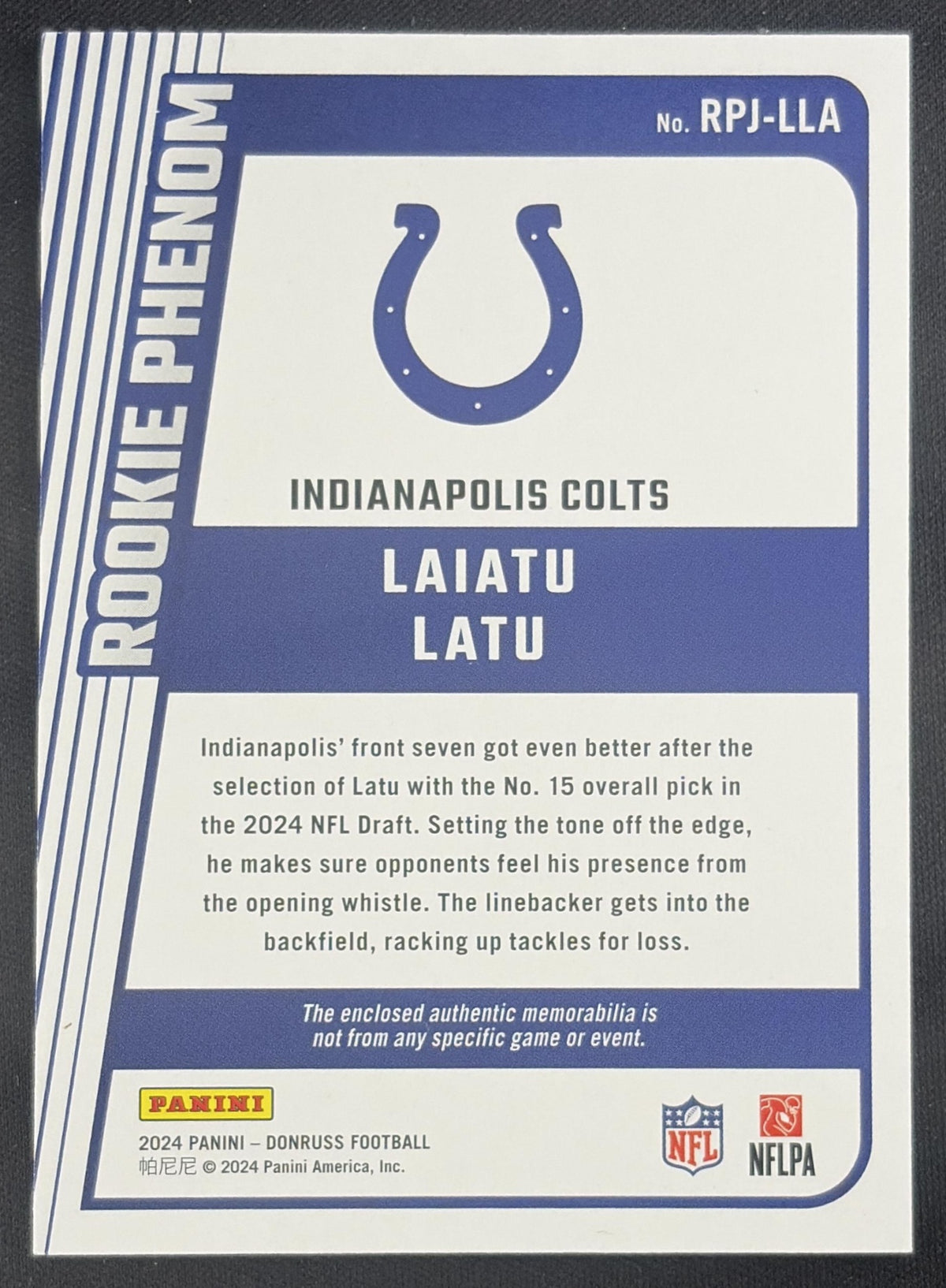 Laiatu Latu 2024 Panini Donruss Rookie Phenom Jerseys Colts Sports Trading Card