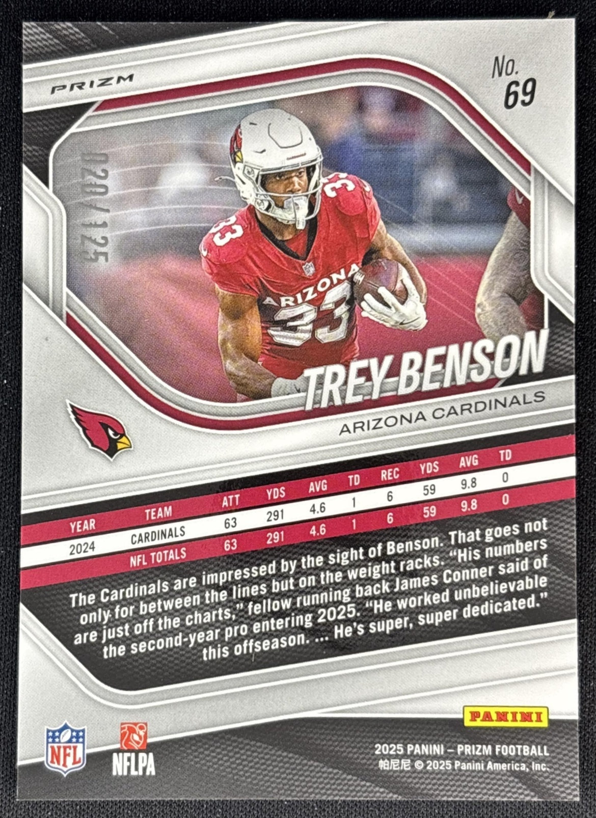 Trey Benson 2025 Panini Prizm Purple /125 Cardinals Back