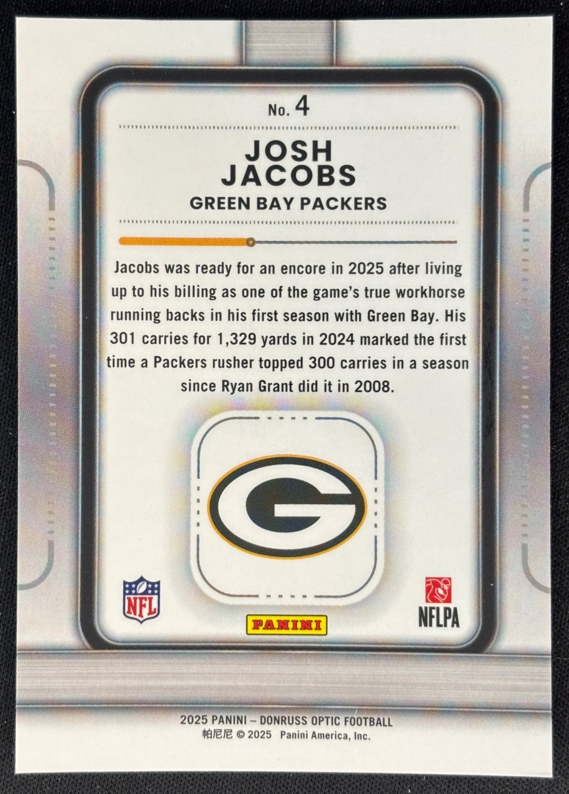 Josh Jacobs 2025 Panini Donruss Optic Play Action Packers Sports Trading Card