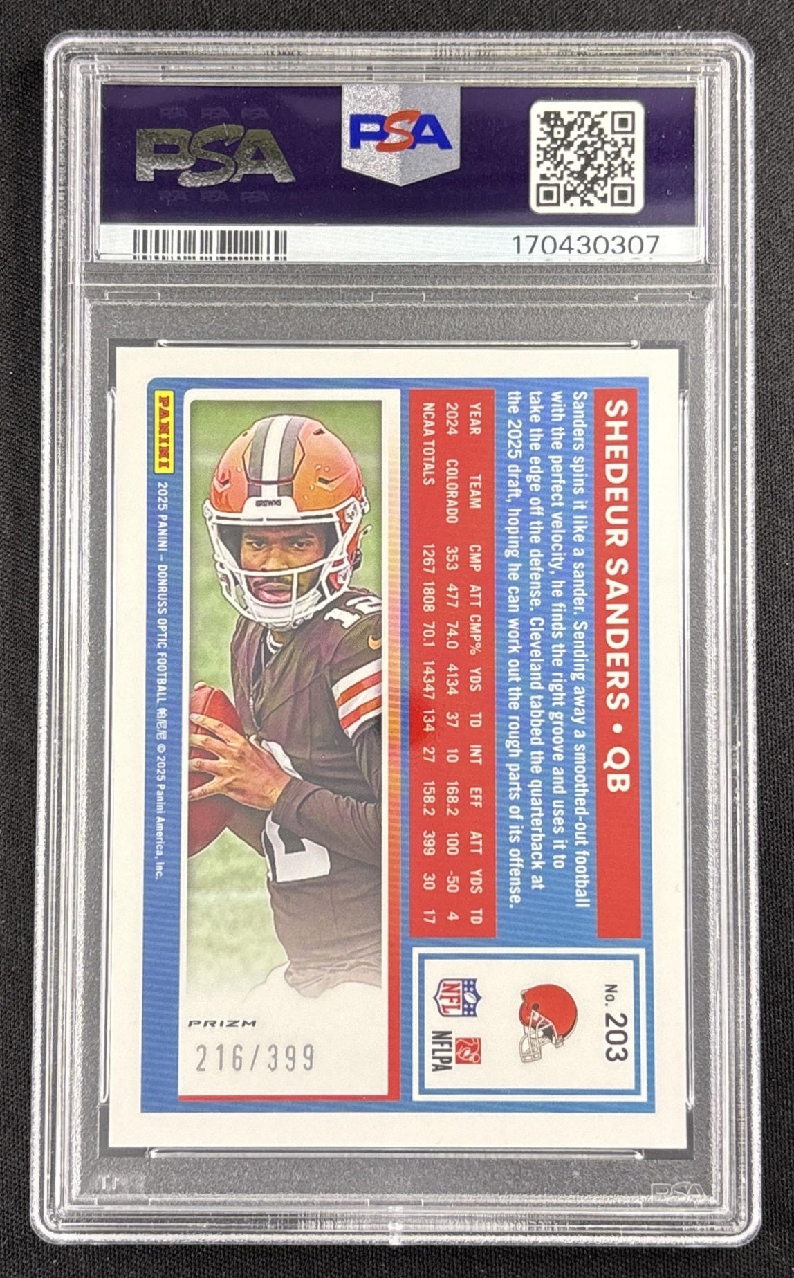 Shedeur Sanders 2025 Panini Donruss Optic Rated Rookie Neon Blue Prizm /399 PSA 9 Browns