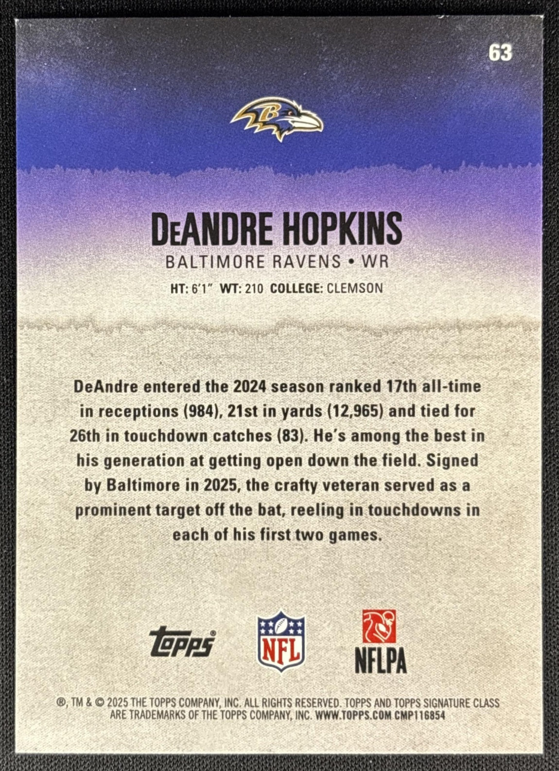 DeAndre Hopkins 2025 Topps Signature Class Veteran Blue & Yellow Foil Ravens Sports Trading Cards