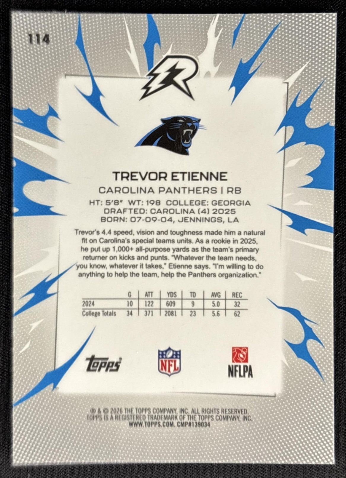 Trevor Etienne 2025 Topps Resurgence Blue and Orange Spark Refractor Panthers