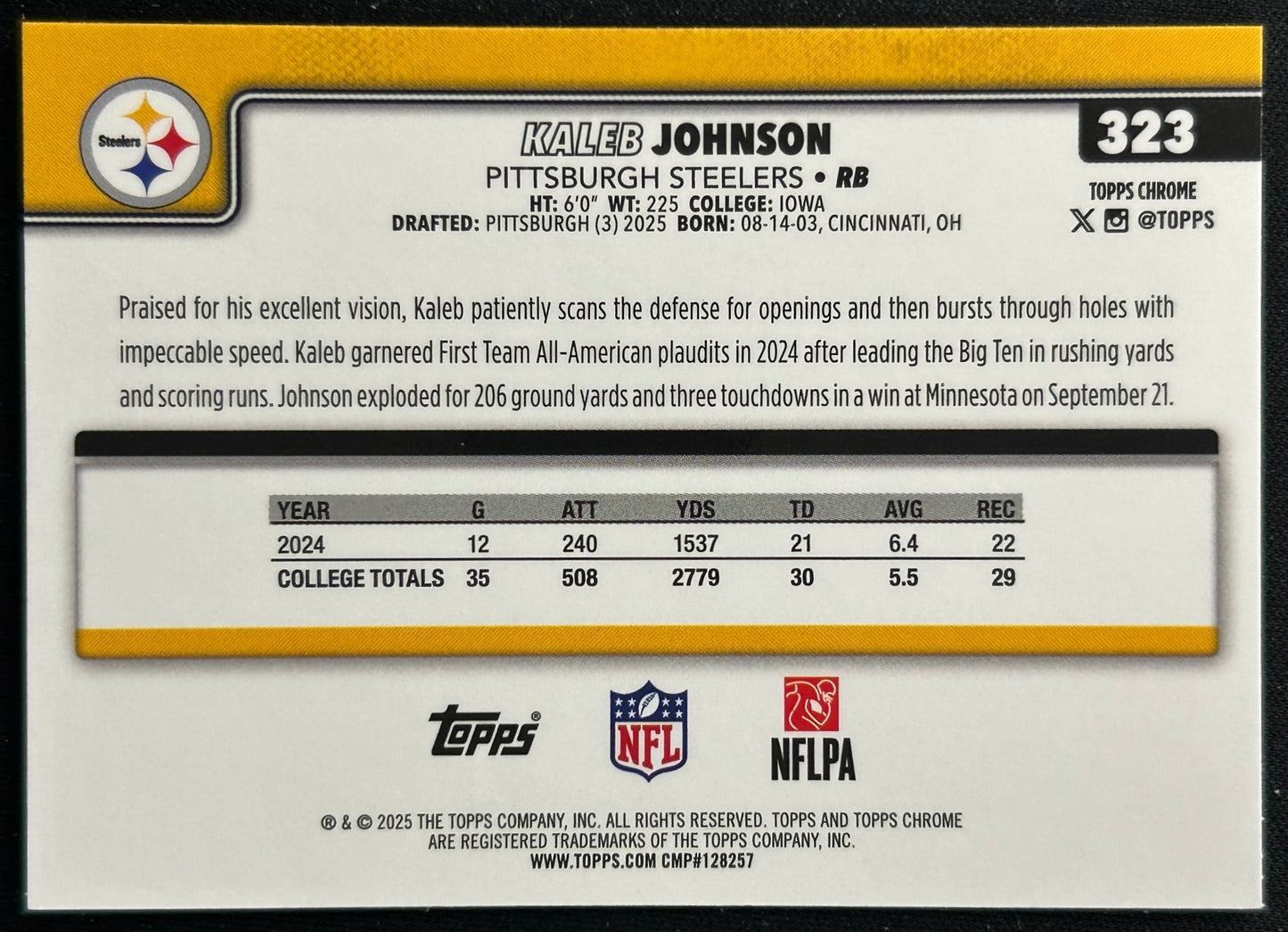 Kaleb Johnson 2025 Topps Chrome Rookie Steelers Sports Trading Cards