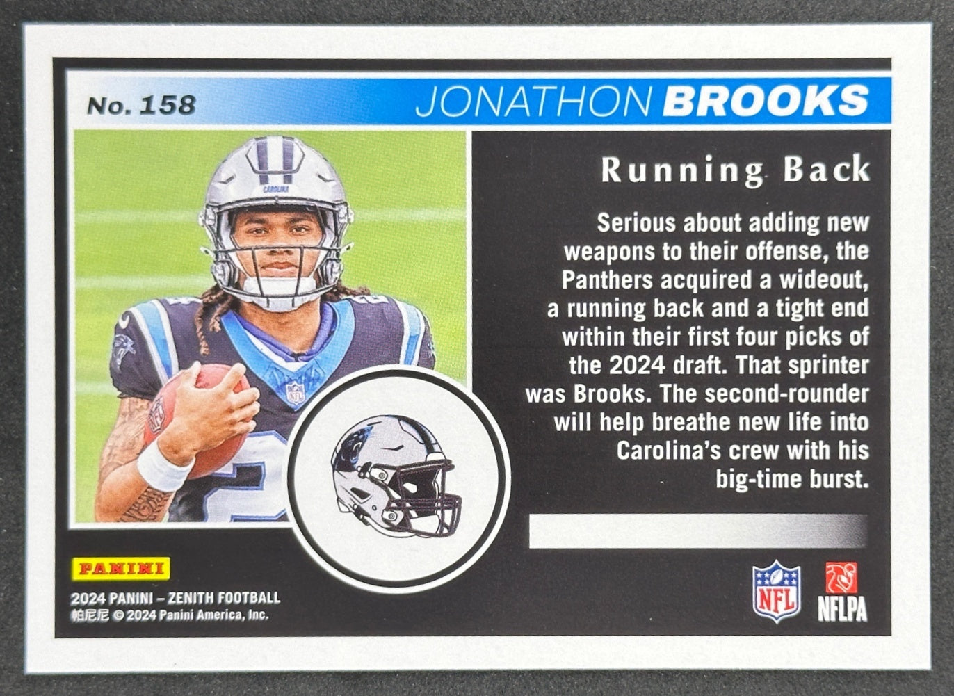 Jonathon Brooks 2024 Zenith Rookie Green 2 Minute Drill Panthers Sports Trading Card