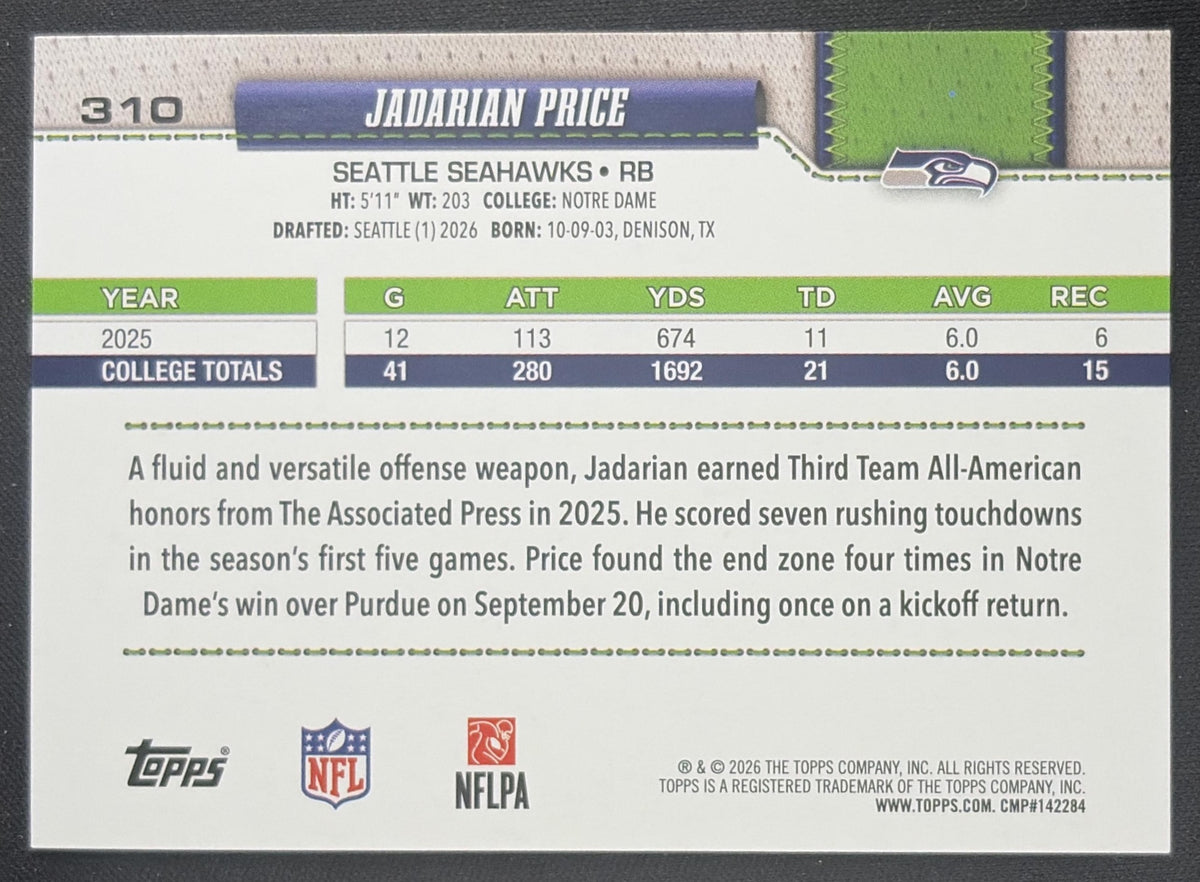 Jadarian Price 2026 Topps Fanatics Foil Seahawks Sports Trading Card