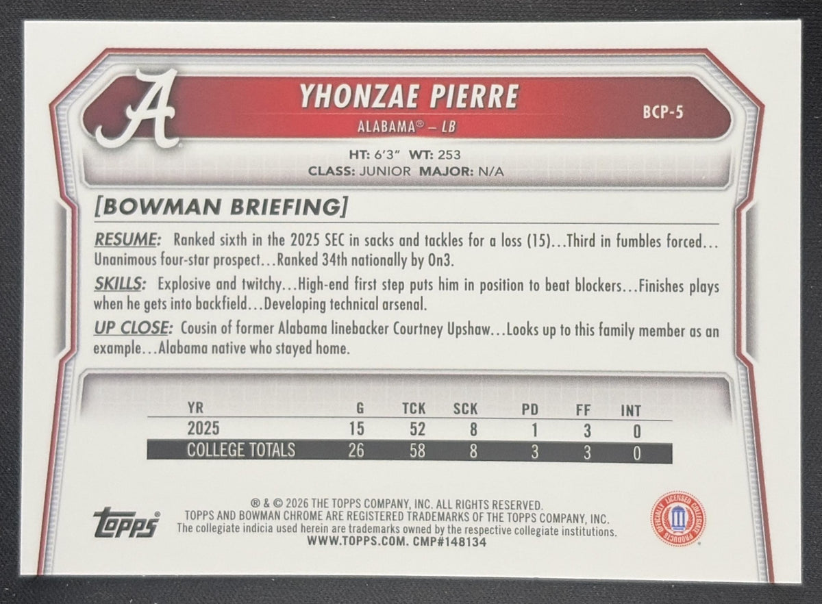 Yhonzae Pierre 2026 Bowman Chrome Prospects Mojo Refractor Crimson Tide Alabama Crimson Tide Sports Trading Card