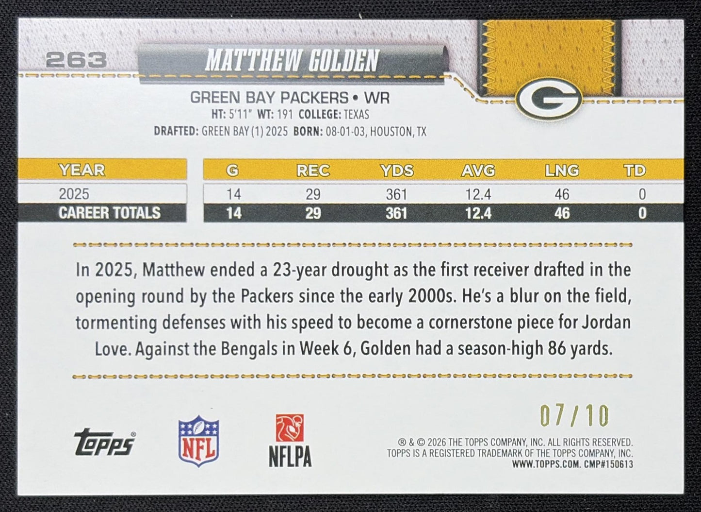Matthew Golden 2026 Topps NFL Material Black /10 Packers back