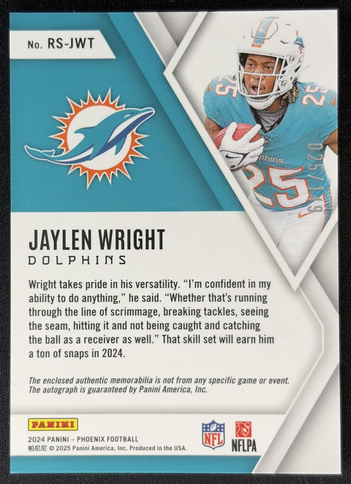 Jaylen Wright 2024 Panini Phoenix Rookie Silhouettes Silver /149 Dolphins back