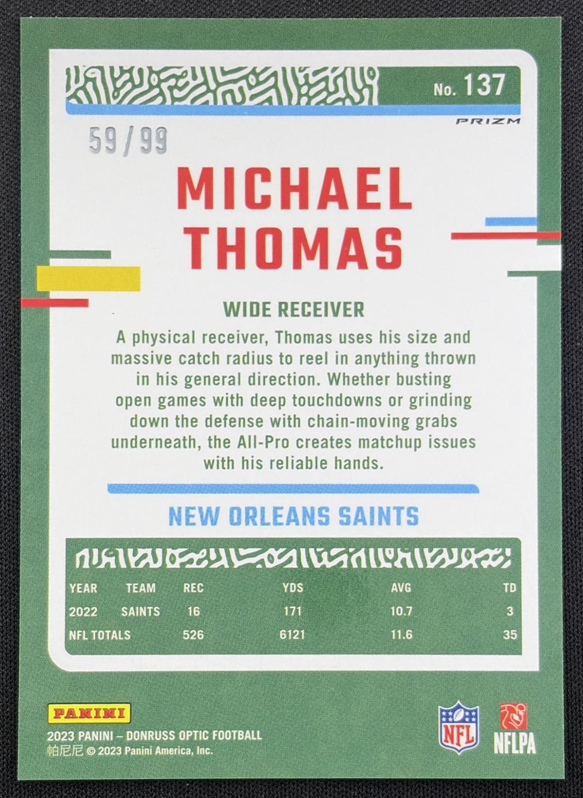 Michael Thomas 2023 Panini Donruss Optic Red Prizm /99 Saints