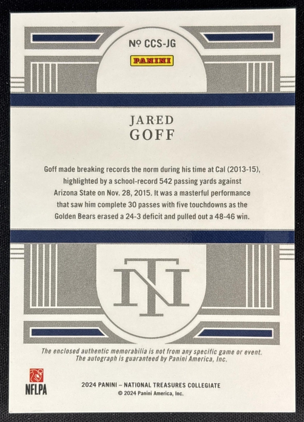 Jared Goff 2016 Panini National Treasures Collegiate /99 Golden Bears back