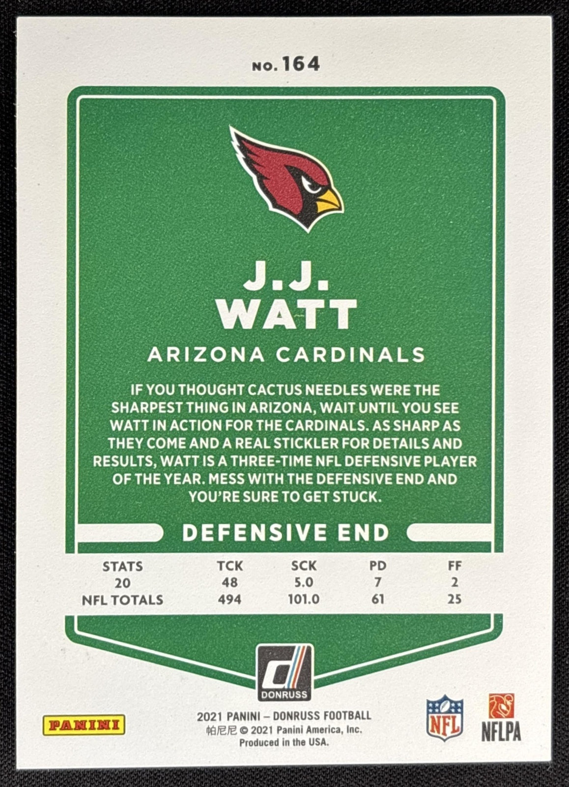 J.J. Watt 2021 Panini Donruss Press Proof Premium Cardinals