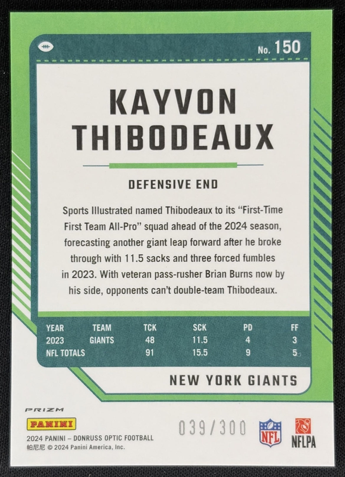 Kayvon Thibodeaux 2024 Panini Donruss Optic Wave /300 Giants Back