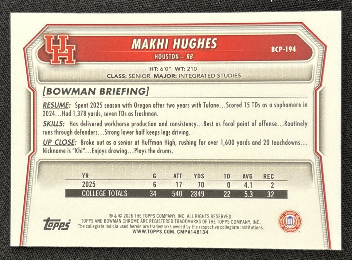 Makhi Hughes 2026 Bowman Chrome Prospects Speckle Refractor Texans Cougars Oilers