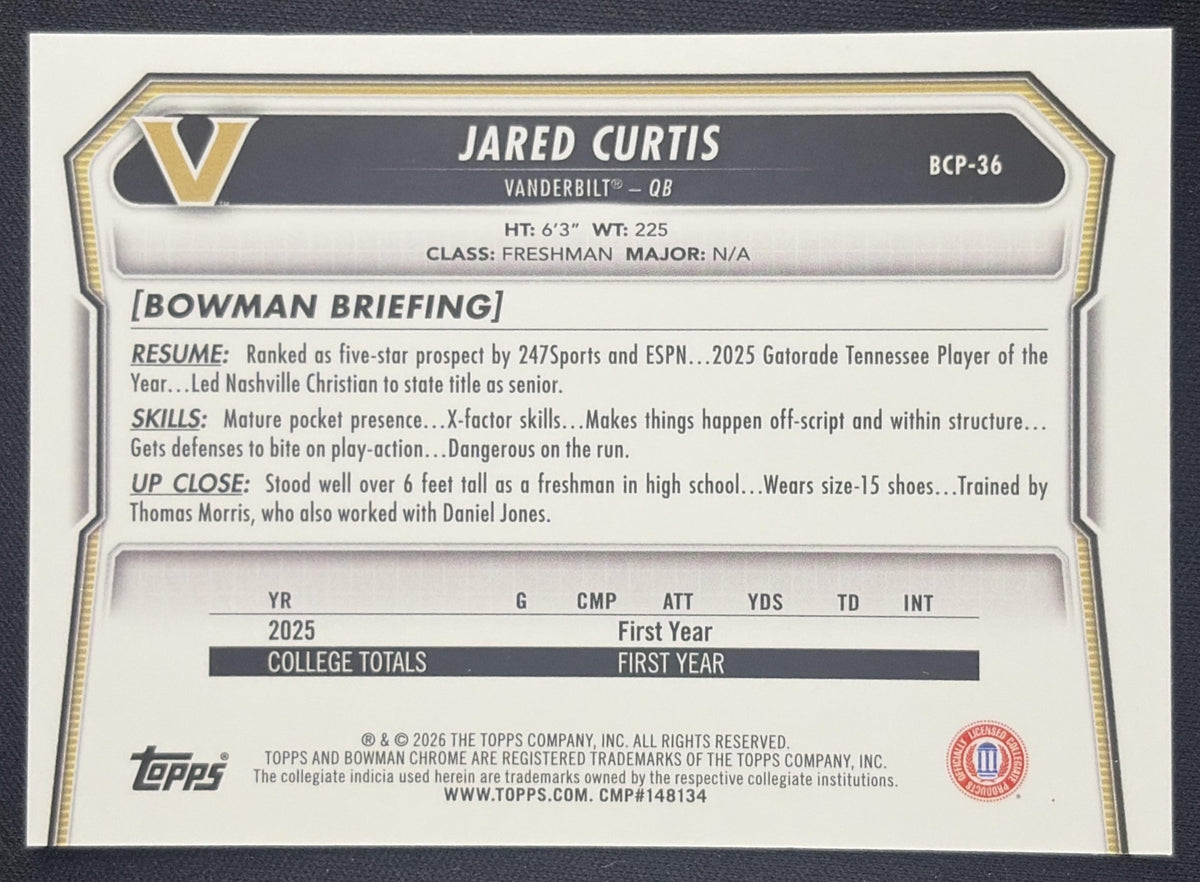 Jared Curtis 2026 Bowman Chrome Prospects Mojo Refractor Commodores