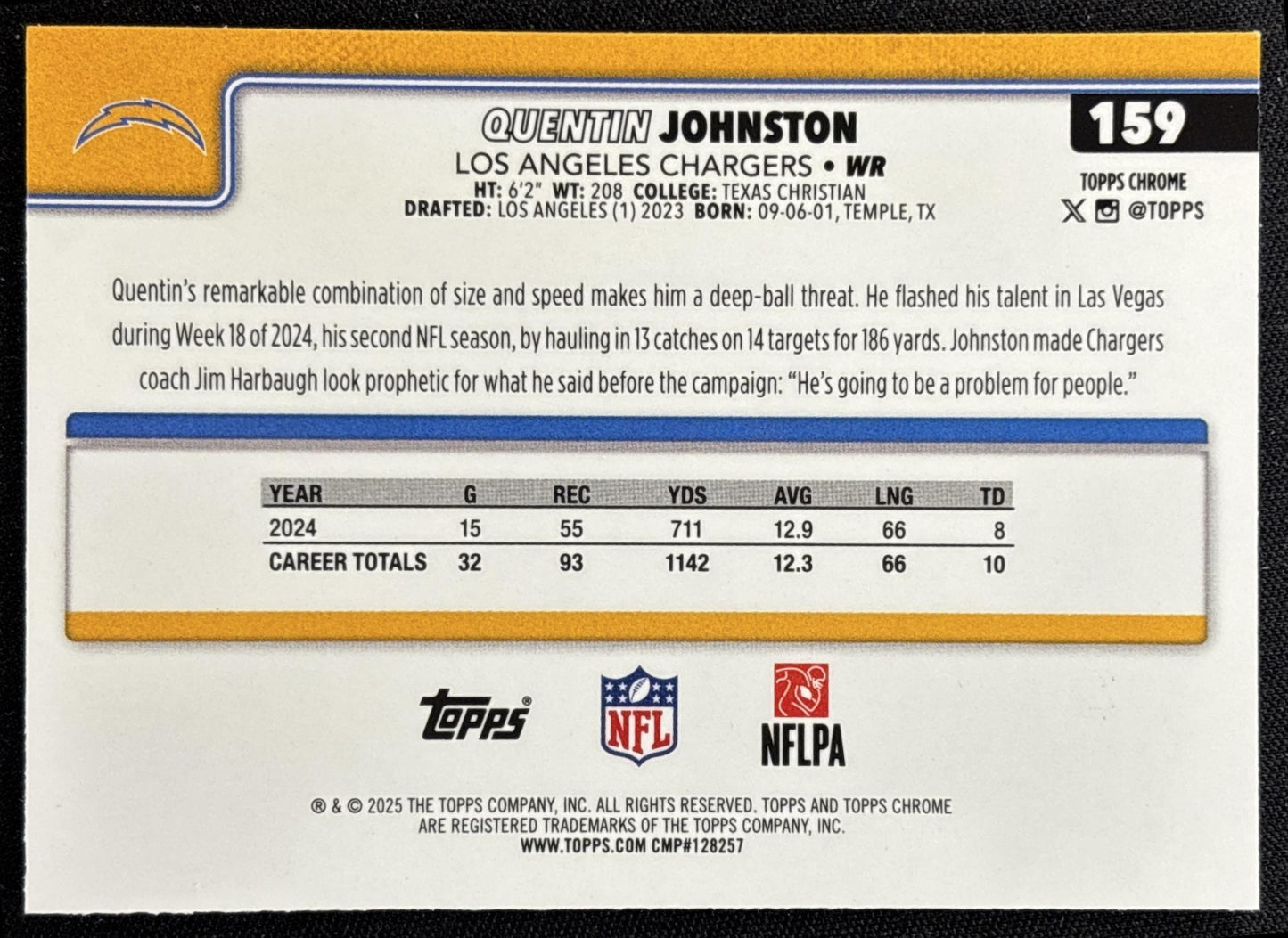 Quentin Johnston 2025 Topps Chrome Pink Wave Refractor /250 Chargers