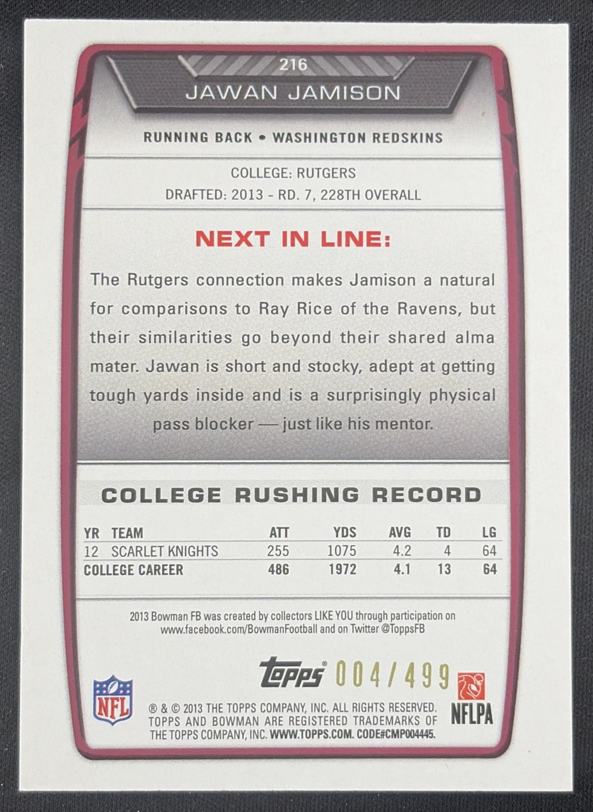 Jawan Jamison 2013 Bowman Rainbow Blue /499 Redskins Washington Redskins Sports Trading Card