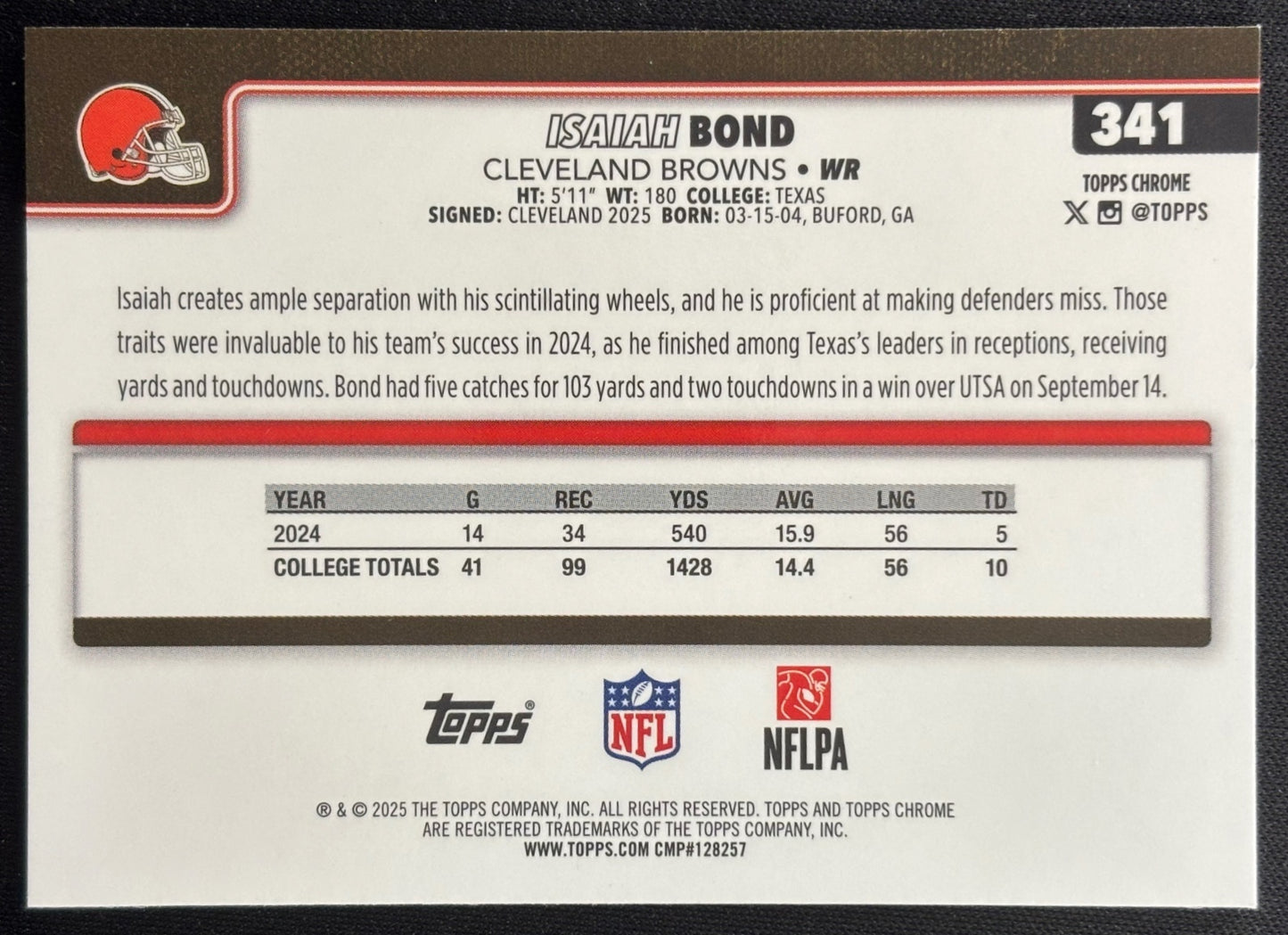 Isaiah Bond 2025 Topps Chrome Rookie Neon Pulse Refractor Browns Sports Trading Cards