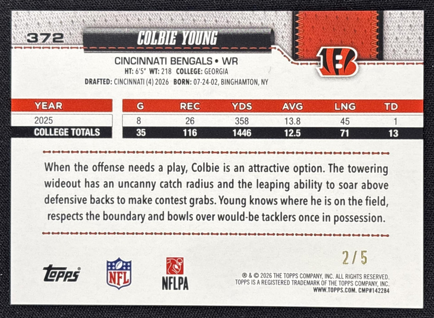 Colbie Young 2026 Topps Red Diamante Foil /5 Bengals