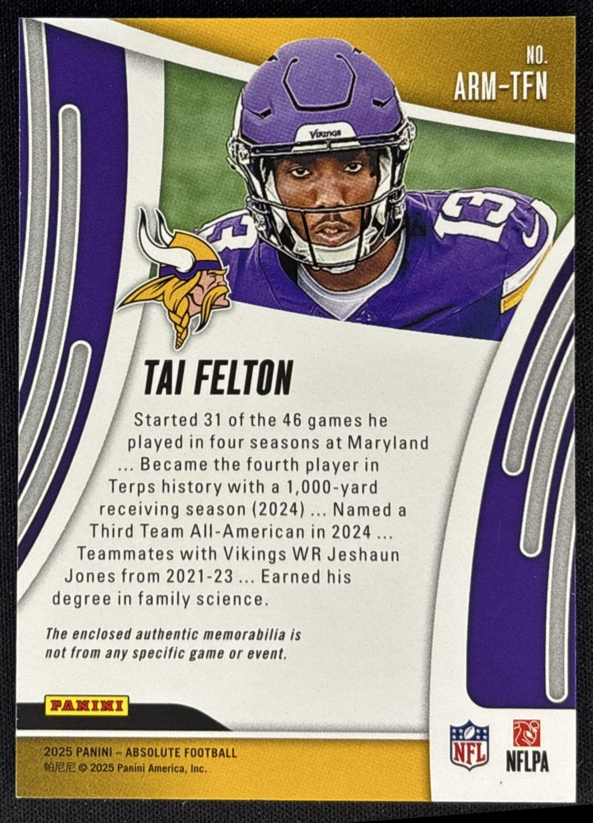 Tai Felton 2025 Panini Absolute Rookie Materials Vikings