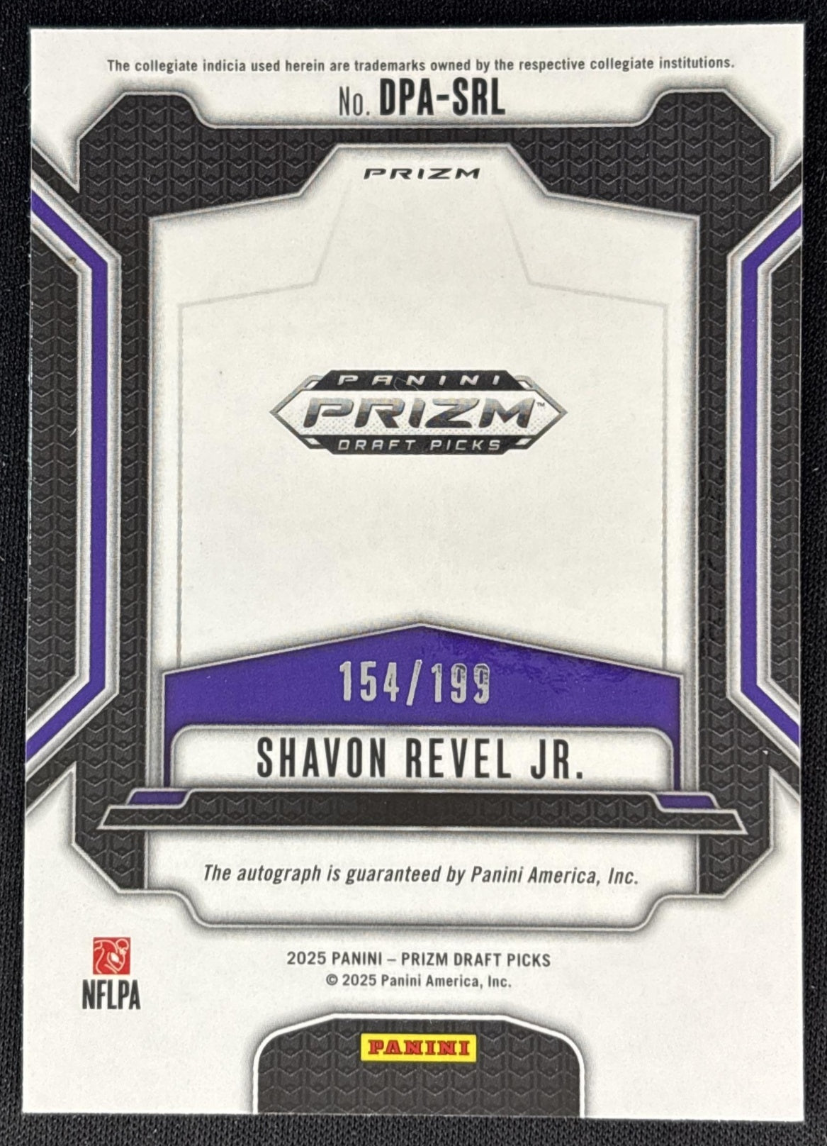 Shavon Revel Jr. 2025 Panini Prizm Draft Picks Auto Purple Ice /199 back