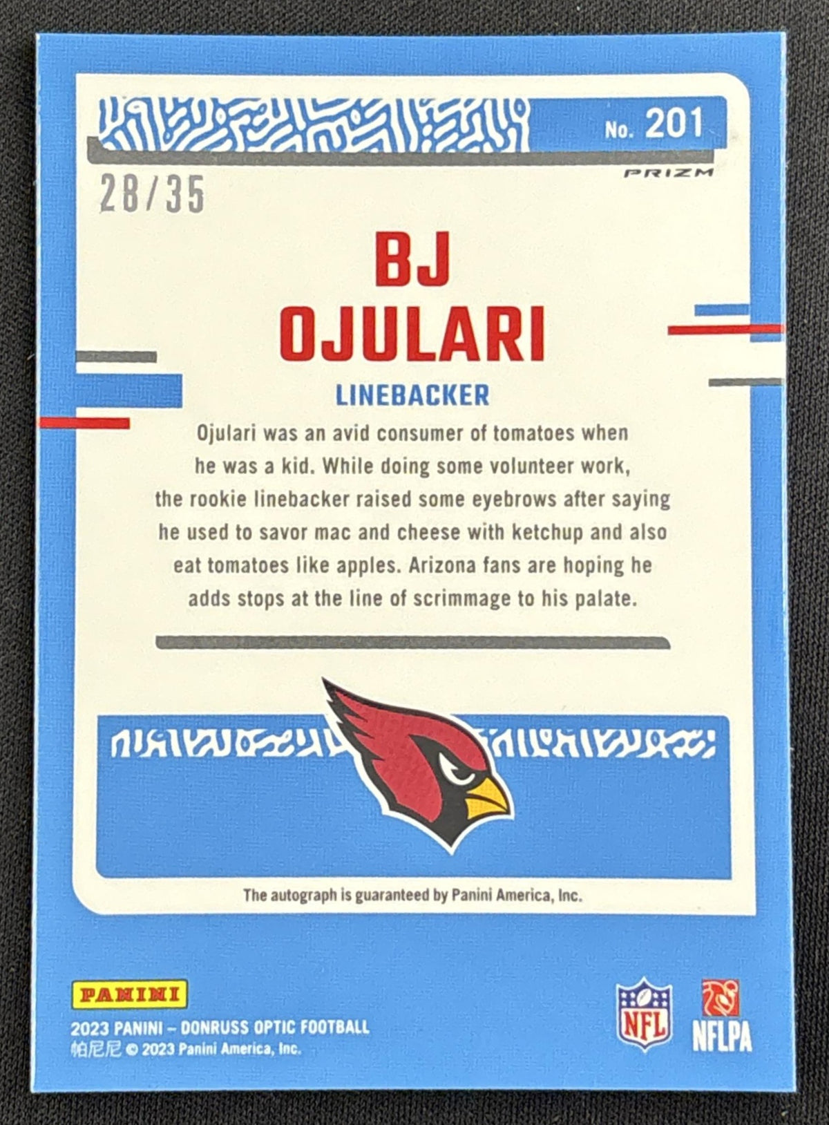 BJ Ojulari 2023 Panini Donruss Optic Rated Rookie Auto Purple /35 Cardinals