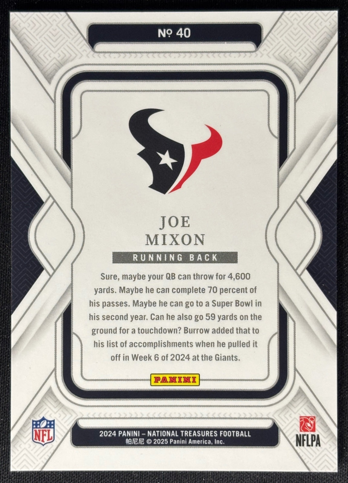 Joe Mixon 2024 National Treasures /99 Texans - Back